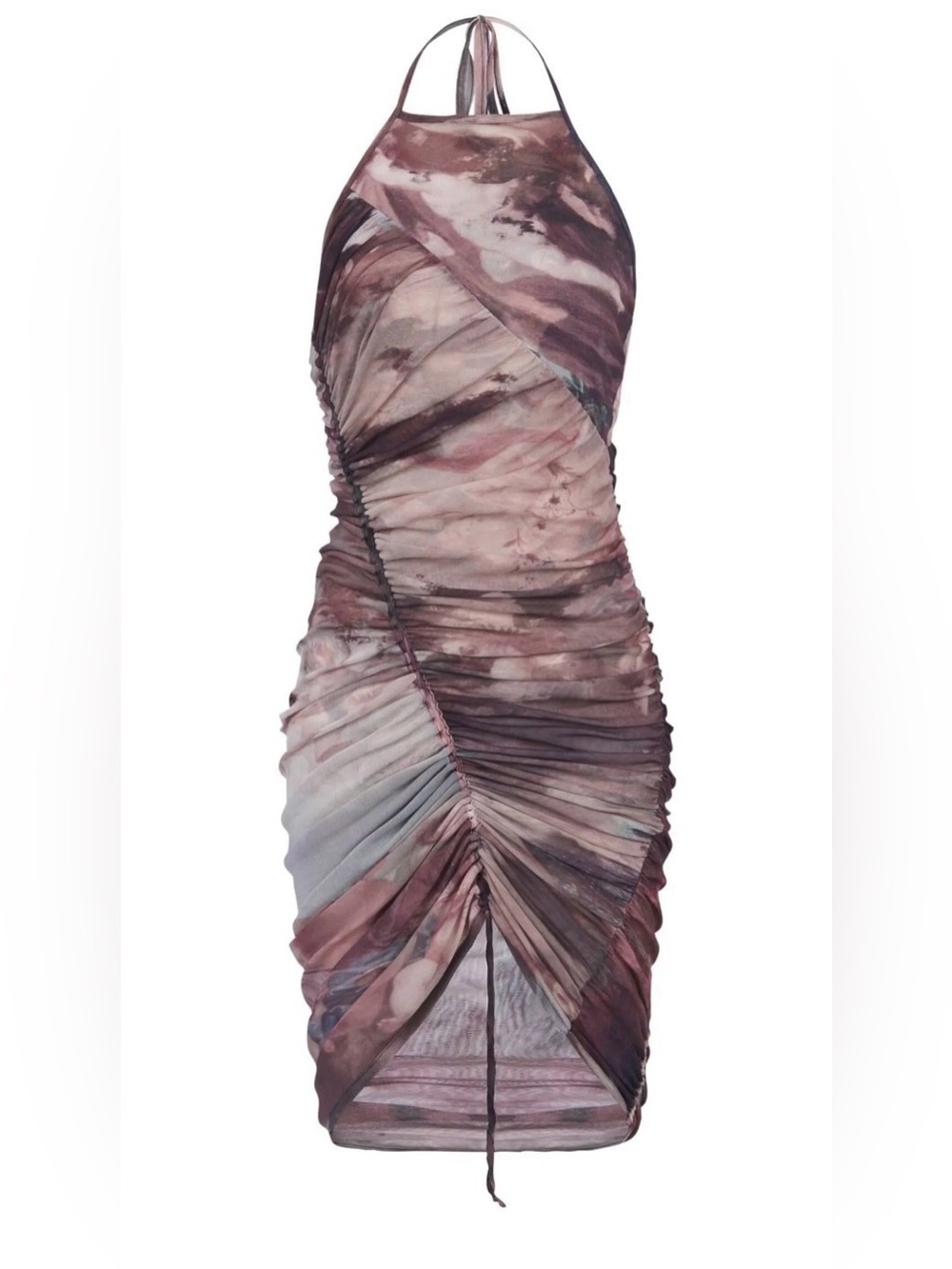 Balmain Strapless Ruched Marble-Print Halter Dress in Mauve and Taupe